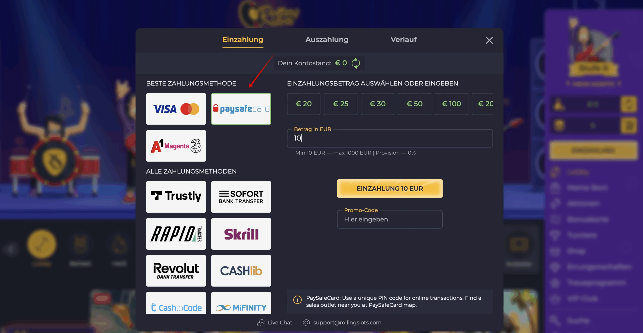 Rolling Slots Casino PaysafeCard